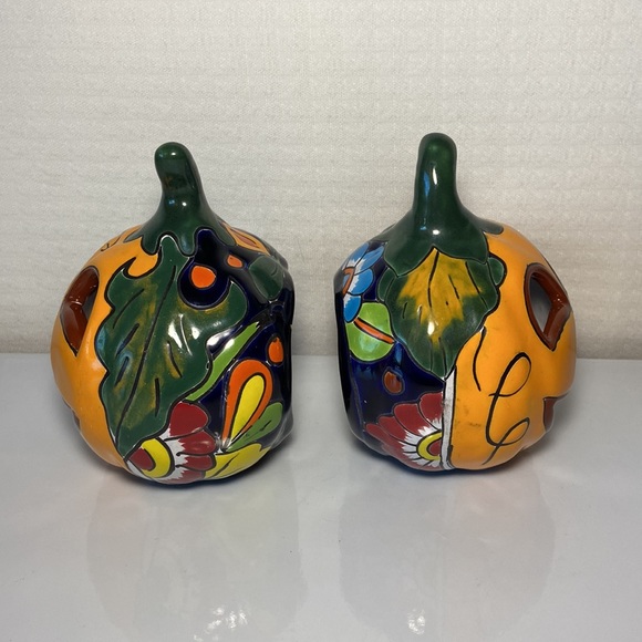 Halloween Pumpkins Talavera Ceramic Votive Candle Holders  Mexico Set Of 2 - Picture 3 of 8